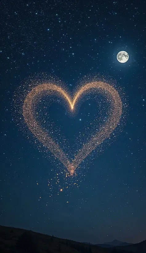 Migratory birds forming a heart in a starry night sky.  The birds are small and numerous, creating a large, visible heart shape....