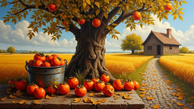 "Rural persimmon oil painting, rich warm palette, impasto brushwork, gnarled tree trunk with cracked texture, leaves thickly pai...