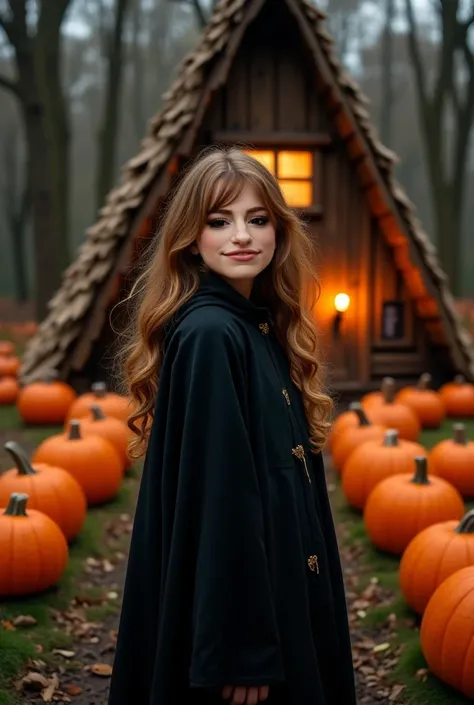 Make this girl in front of a small and old hut, like hagrids hut. in front of the hut make lots of very big orange pumpkins. A f...