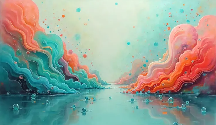 A colorful symphony :   creates an abstract work ， floating on a quiet sage green surface floating in vibrant oil bubbles,  blen...