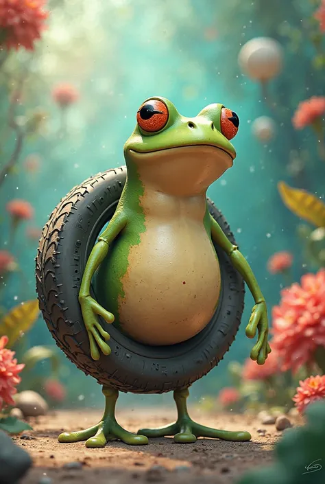 Frog that haves a tire torso funny animated not realistic