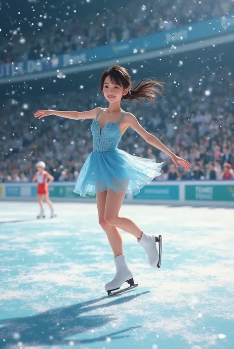 skating rink、Japanese woman figure skating、 cute vibe、full body、smile、 White Skates 、 light blue short dress with a WeddingDress...