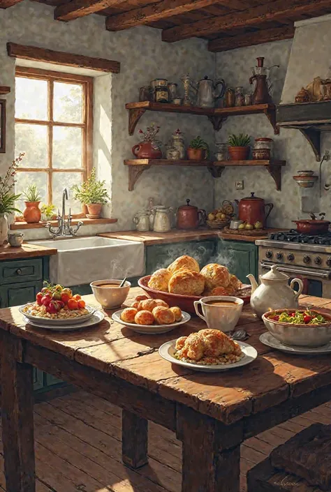 An old kitchen table with food and drink 