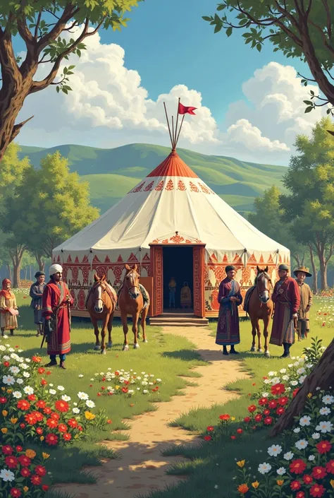 Horses nature baursaki yurt flowers people drink kumis holiday ren 
