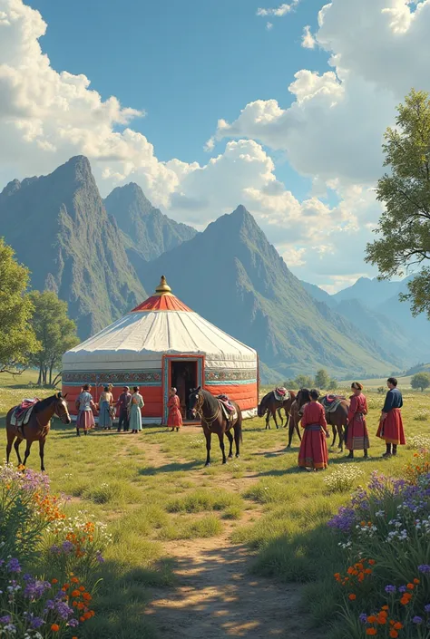 Horses nature baursaki yurt flowers people drink koumiss holiday ren greet guests feed