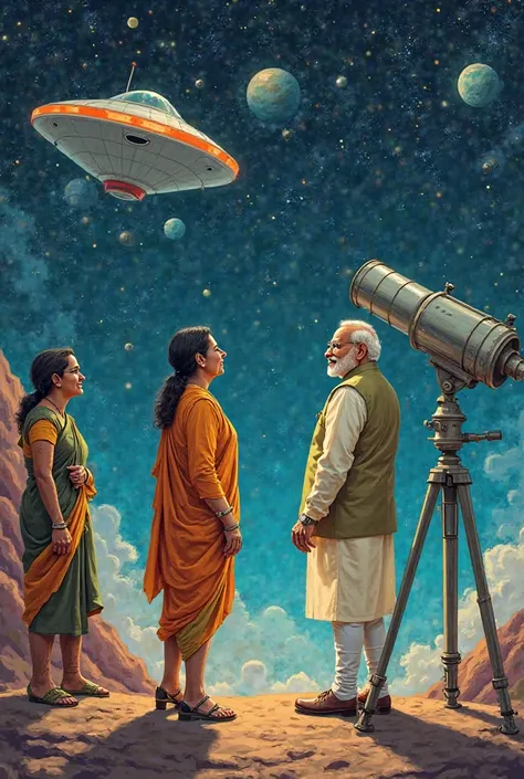 "A humorous scene where Mamata Banerjee is standing at the door of a flying saucer, negotiating with aliens. Next to her, Narend...