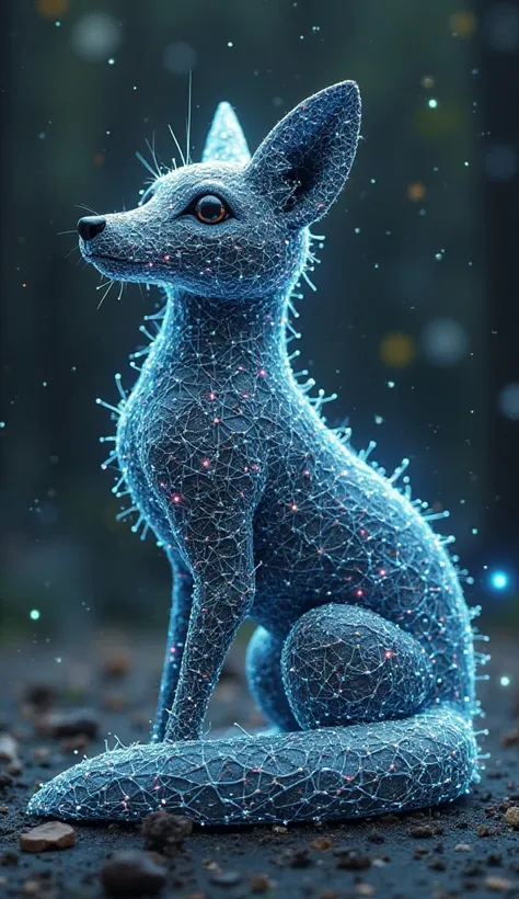 "A hyper-intelligent fox with a body infused with AI circuits and neural pathways. Its fur is composed of shifting data streams,...