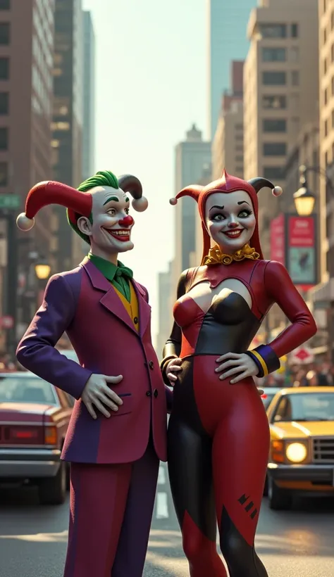 "Create a vibrant 3D rendered illustration of the Joker and Harley Quinn laughing hysterically, holding their hands on their bel...