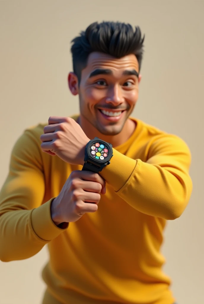 I need an image that represents a realistic person, Fighting with a watch, icons the person is wearing yellow,  black and orange...