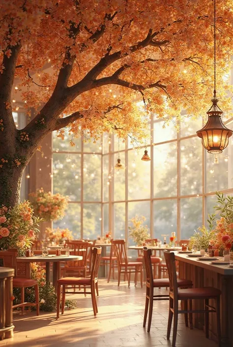 cafe design with golden apricot tree , scenery with a New Year's Eve atmosphere , airy space