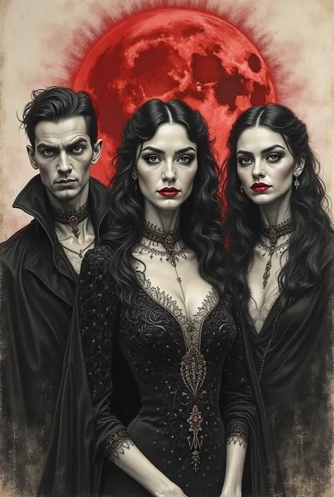 A highly detailed charcoal sketch of a group of elegant, aristocratic vampires dressed in noble attire, exuding an aura of myste...