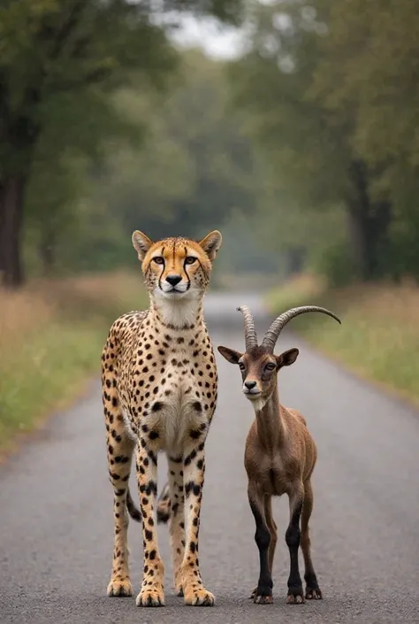 
"A cheetah and a goat standing together on a rural road. The cheetah appears calm, while the goat looks curious. The background...