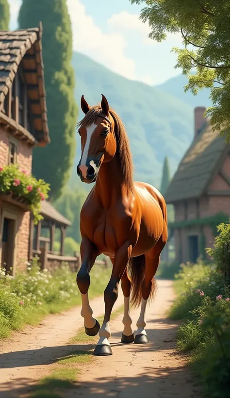 A horse was going through a village road, 3d hd 4k image
