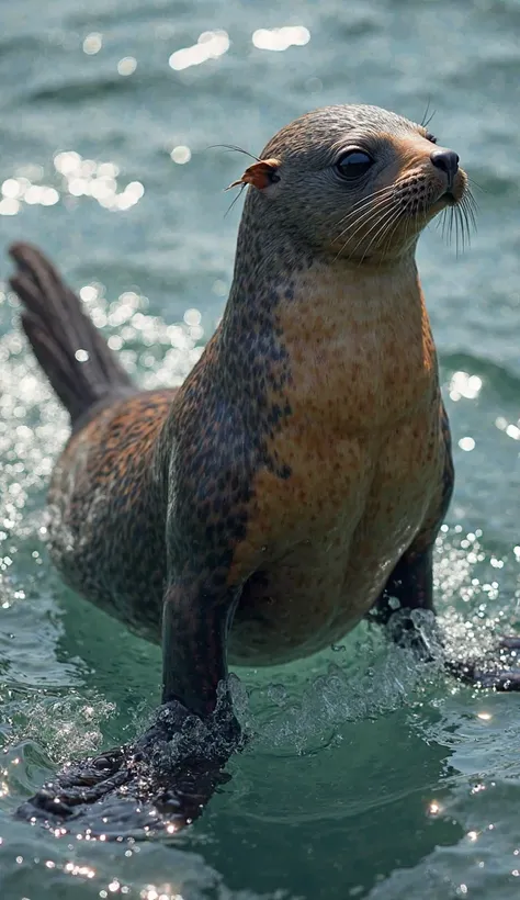 "Imagine an impressive creature that preserves the essence of a sea lion, but with unique falcon characteristics. The body remai...