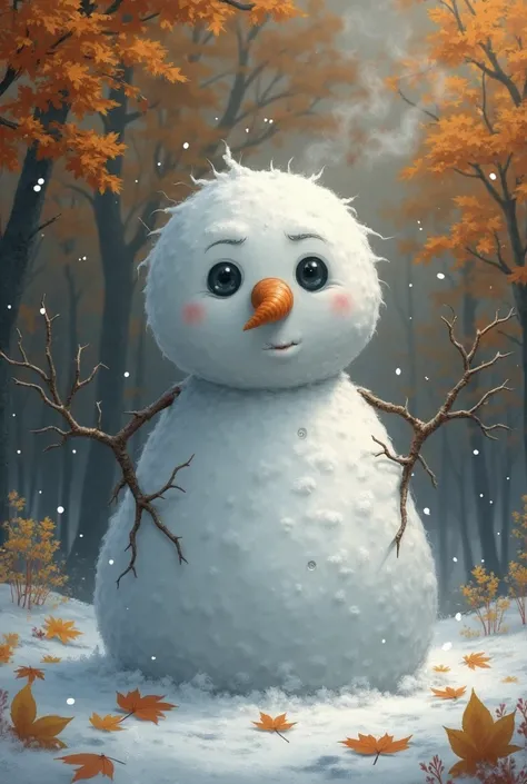 Sad snowman in autumn song background 