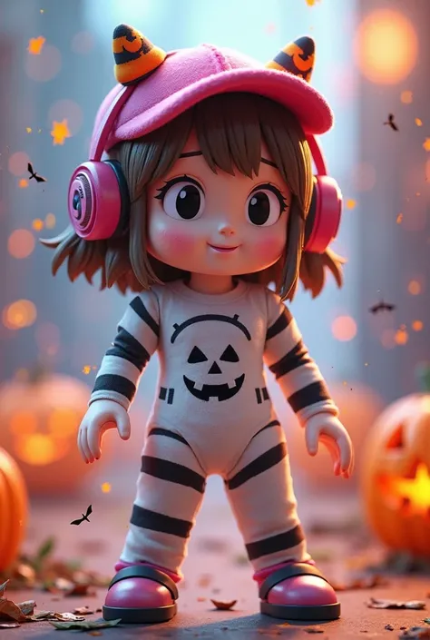 A Roblox character with brown hair, with pink headset, And with a pink cap, with little Halloween hats on the side of the head, ...