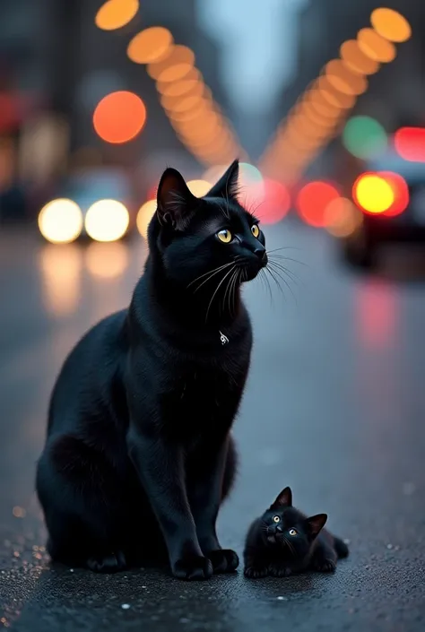 The black cat sits motionless on the cold asphalt, its body trembling with grief. In front of it, the tiny black kitten lies lif...