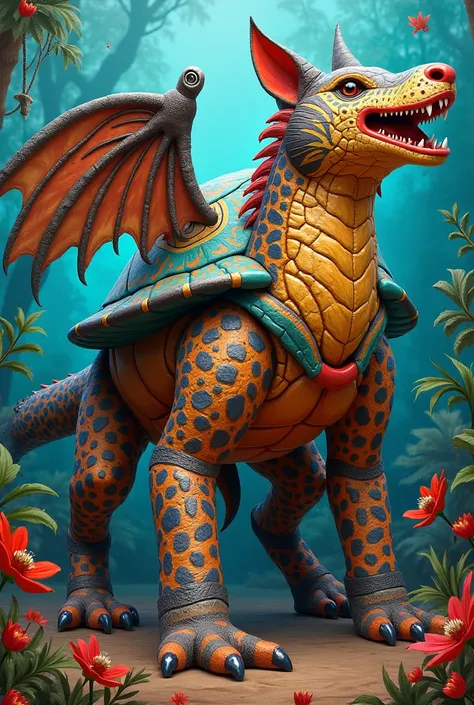 Hello can you help me create an alebrije with the body of a whale,  turtle shell, wolf head,  dragon wings,  with two leopard le...