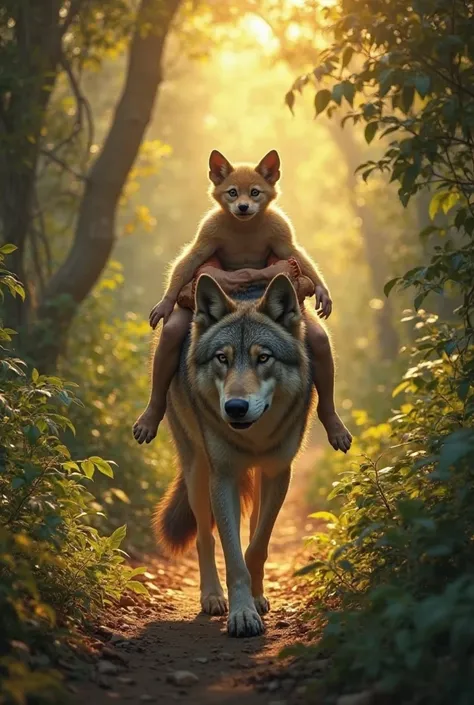 The wolf is now walking through the jungle with the  carefully sitting on its back, holding onto its fur. The  looks relieved, w...