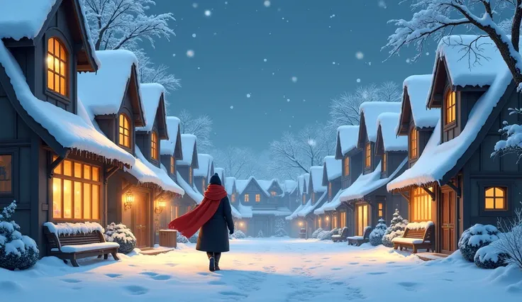 A charming snowy town street, rooftops covered in white, a lone traveler with a red scarf flowing in the winter wind, warm light...