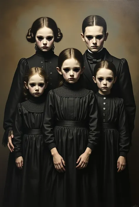 A disturbing gothic family portrait chilren without mouth and parents without eyes, abstract oil painting, victorian gothic fami...
