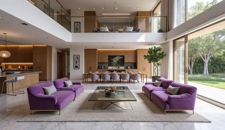 Contemporary living room with marble floors, vaulted ceiling, purple armchairs, glass coffee table, and second-story loft. View ...