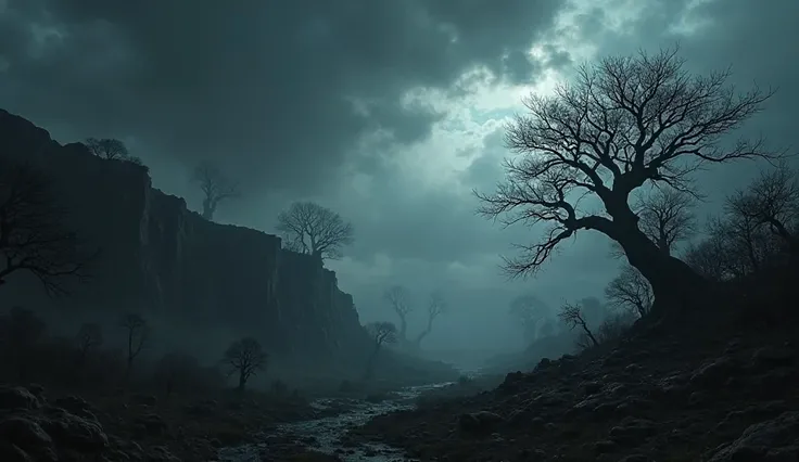 dark ominous landscape,gloomy dark atmosphere,wild unkempt terrain,ominous tree silhouettes,frightening cliff outlines,dark stor...