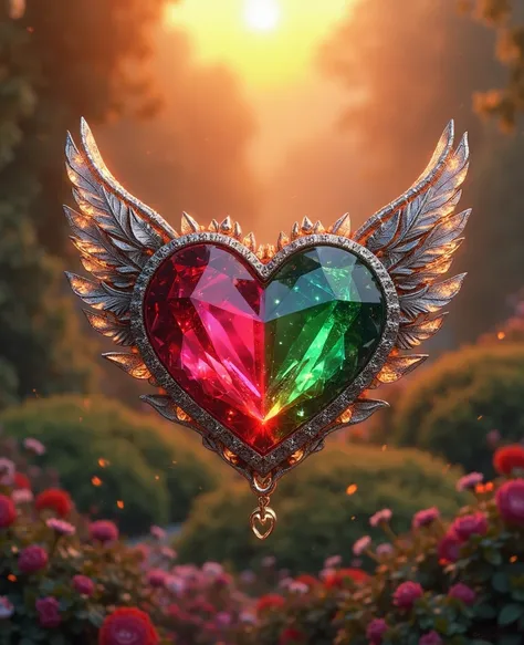A half ruby, half emerald heart with silver wings, set against a beautiful sunset garden background, 8K, hyperrealism, masterpie...