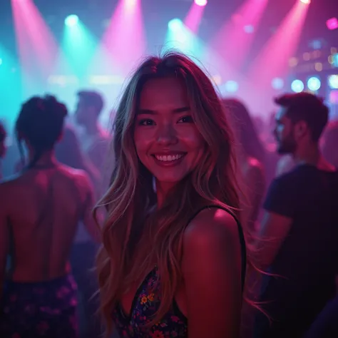 a young woman standing amidst a packed, vibrant nightclub. The scene is awash in colorful, dynamic lighting—flashes of neon pink...