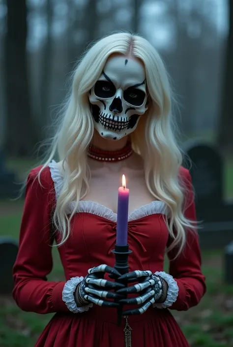  A woman with long hair , with some big , platinum blonde hair, She's wearing a red white Victorian style dress. She's in a ceme...