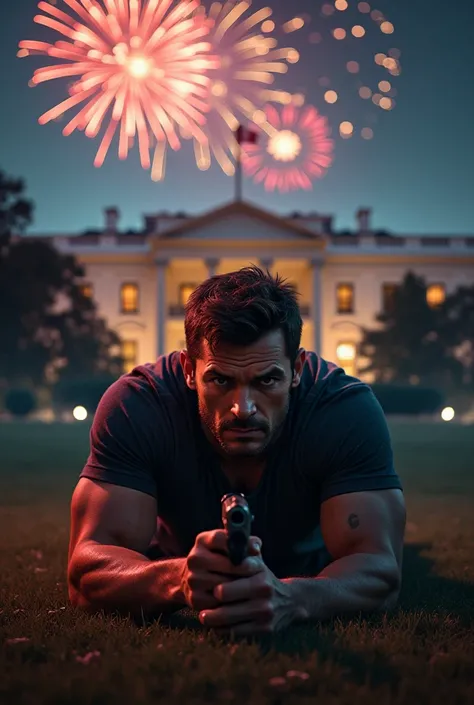A handsome 30-year-old man turned on his back with a gun in his hand in front of the Washington White House at night under firew...