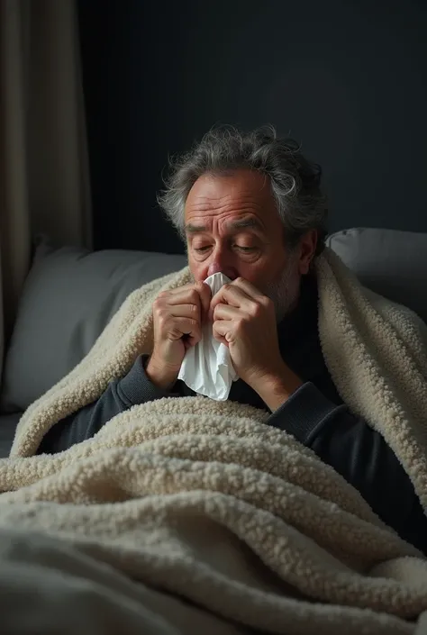 Man wiping his nose under a blanket