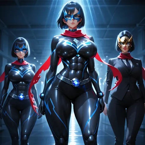 superhero,SHORT hair,  breasts, big breasts,  abs, big butt,black hair, blue eyes, Rays of God mask, Ray Tracking, Reflection Li...