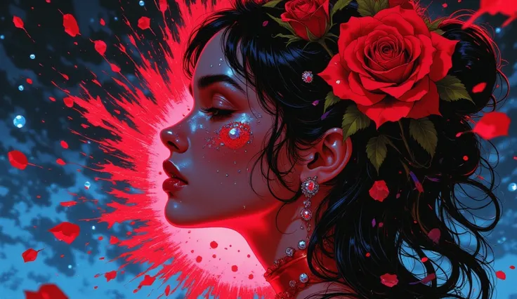  high quality, 8K ultra HD, Una hermosa MUJER DE NOCHE double exposure que combina una silueta de mujer con unA diamantes,  la r...
