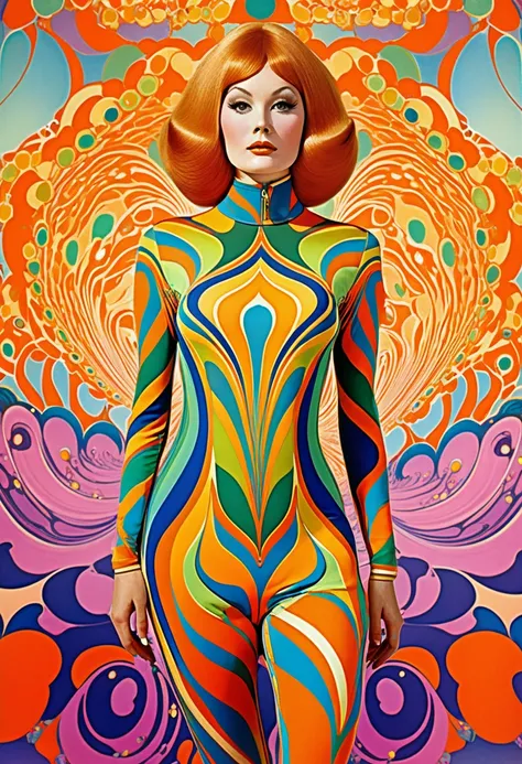 Art Nouveau 1960's psychedelic epic full body bodysuit portrait by John Pitre and Marimekko
