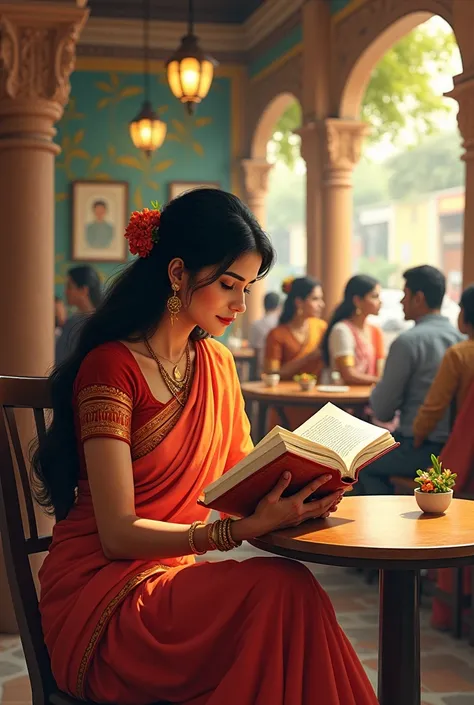 a wide shot south Indian woman sitting in busy cafe reading a book, digitally painted illustrated style