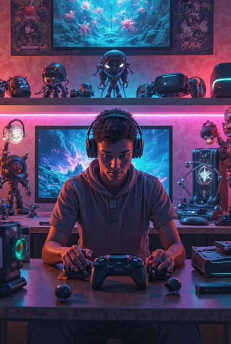 Create an image with various objects related to the gamer world