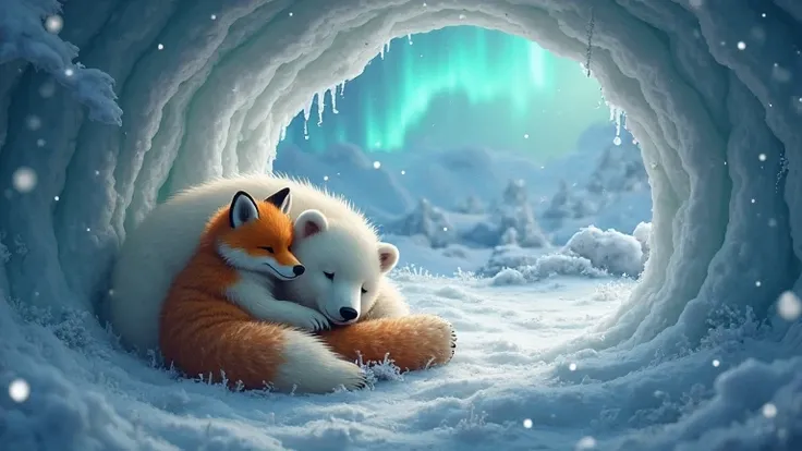 A cozy Arctic den made of ice and snow, where a polar bear cub and a fox cuddle together, wrapped in soft fur. Snow is gently fa...