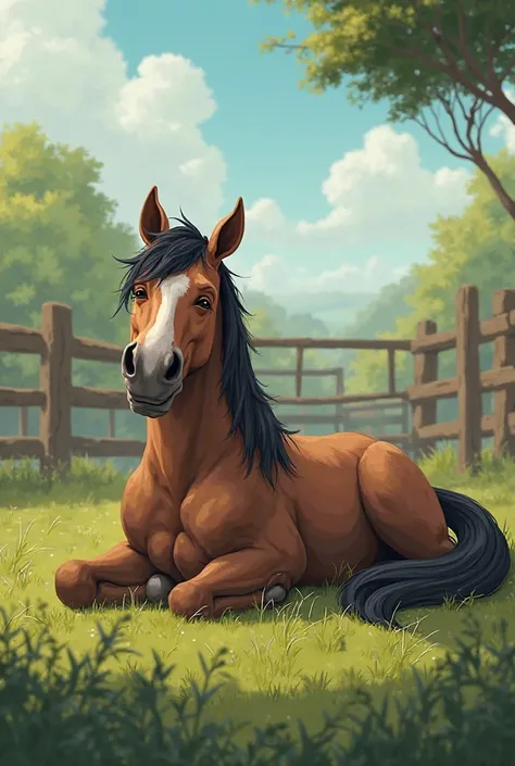 An Arab horse sleeping on the ground is very sick in the spacious farm and the grass is surrounded by a wooden fence. Animation ...