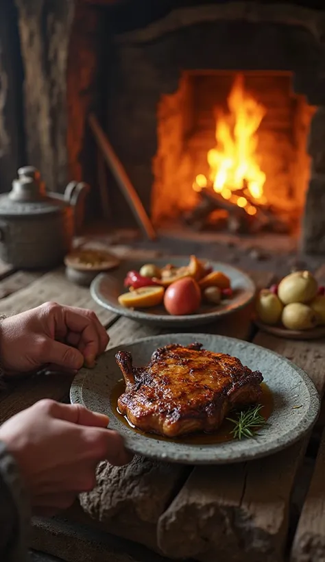 "PoV-style image, as if it were in first person. You are sitting in a rustic cabin from the year 1500 a.c., eating. In front of ...