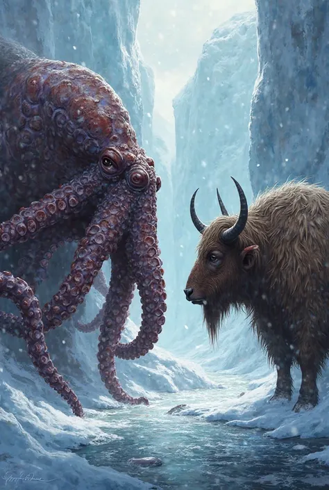 "A highly detailed, fantasy-style digital painting of a massive octopus and a powerful yak standing face-to-face in an intense s...