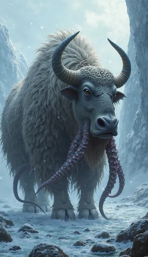"A highly detailed, fantasy-style digital painting of a hybrid creature combining the strength of a yak and the fluid adaptabili...