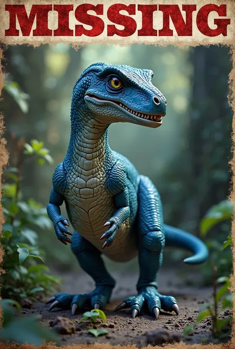 Je veux créer une affiche de disparition pour une figurine de Blue de Jurassic World