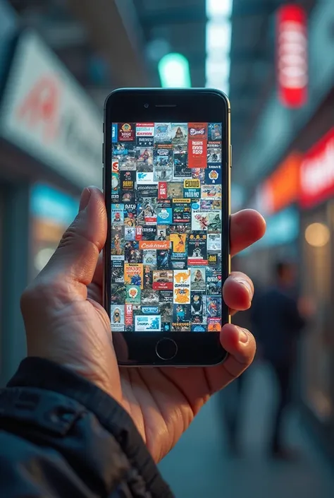 A phone with a lot of advertising while someone shows the phone 