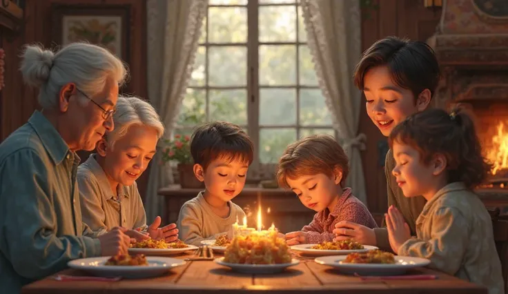 a united family praying at the lunch table in a cozy room
