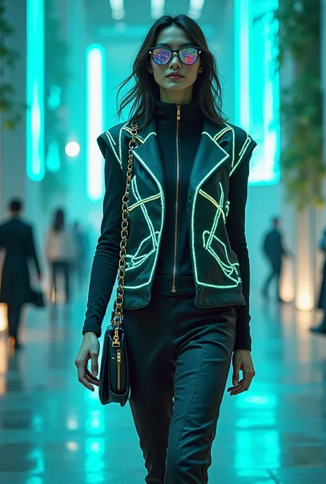 {détails de la tenue:} Une tenue futuriste époustouflante comprenant une veste high-tech avec des accents néon et des motifs géo...