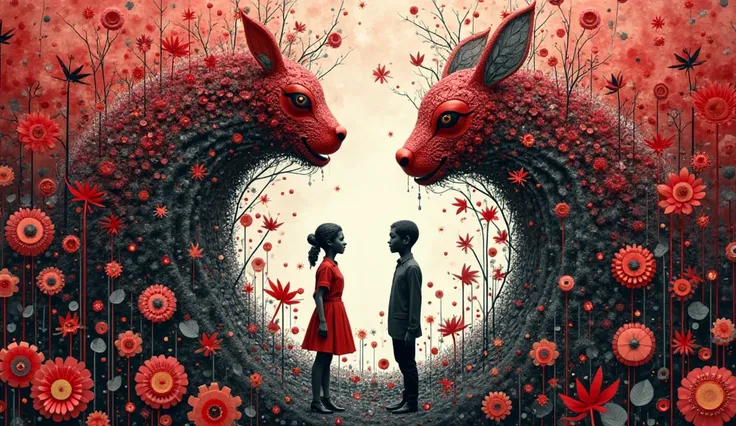 An abstract and surreal image in a red, white, and black color palette, symbolizing the recognition of the other's truth in dial...