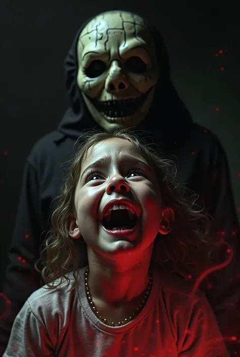 "Close-up of a small girl’s horrified face, tears streaming down, her mouth open in a silent scream. Behind her, a tall figure i...