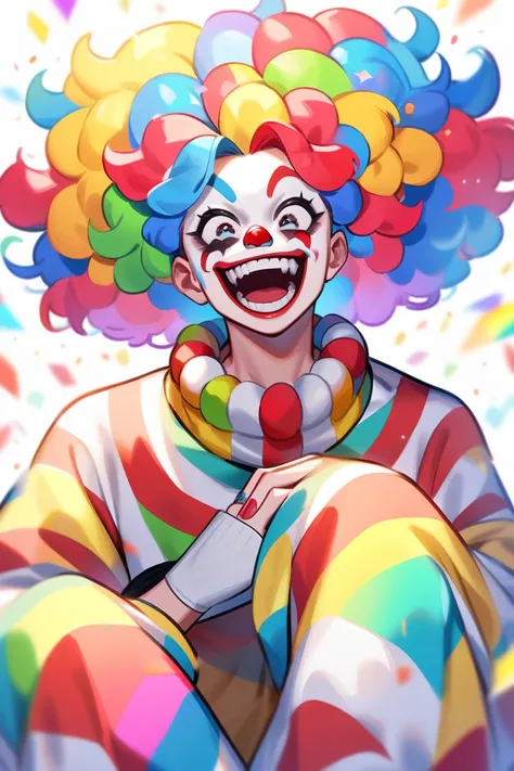A popular clown with rainbow-colored afro hair