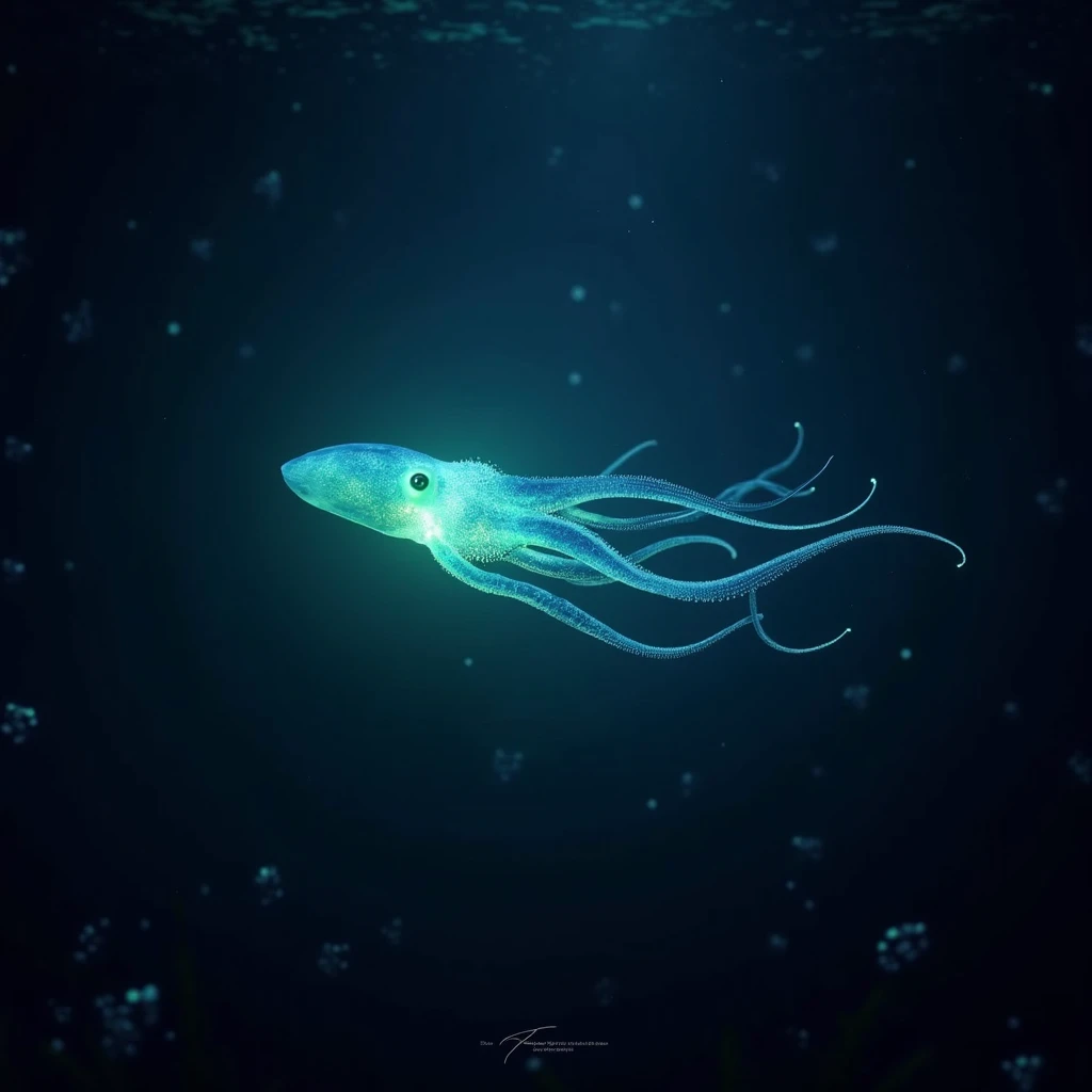 "A bioluminescent squid at the bottom of the ocean releasing a cloud of blue light to escape a predator. The glow illuminates th...